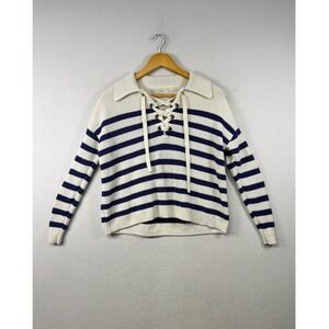 LOFT Striped Lace Up Collar Sweater Cream Navy Casual Nautical Women